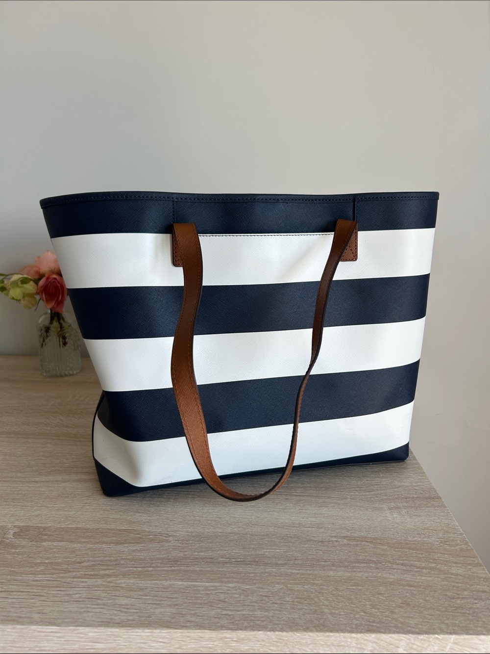 Michael Kors Jet Set Tote - Navy & White Striped Tote with Brown Leather Handles - Picture 5 of 7